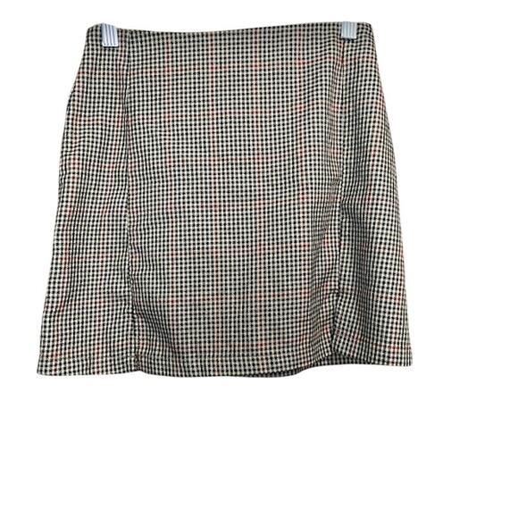 John Galt‎ Brandy Melville Brown Plaid Stretchy Zip Front Slits Mini Skirt Small - Picture 1 of 9